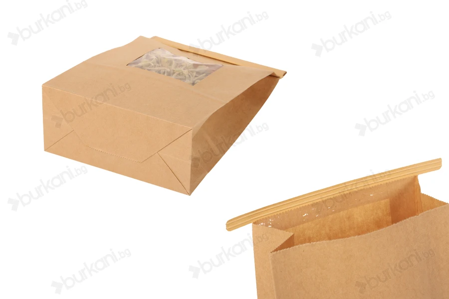 Крафт торбичка с размери 150x70x230 mm  с прозорец и тел за запечатване (tin-tie)-
