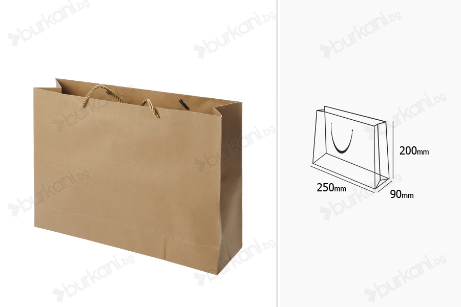 Хартиена кафява подаръчна чанта за подарък с усукан шнур дръжка  250x90x200 мм - 12 бр-изображение_размери