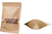 Крафт опаковка тип Doy Pack 180x50x260 mm, с цип "zip" με и прозорец, размери - 100 броя Крафт опаковка тип Doy Pack 180x50x260 mm, с цип "zip" με и прозорец, размери - 100 броя