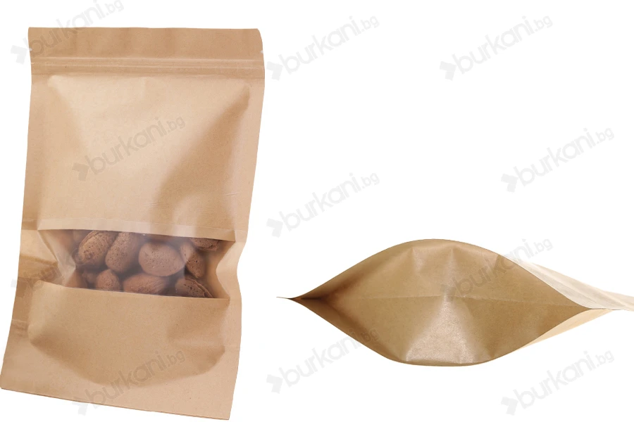 Крафт опаковка тип Doy Pack  180x50x260 mm, с цип  "zip" με и прозорец, размери  - 100 броя-изображение_продукт