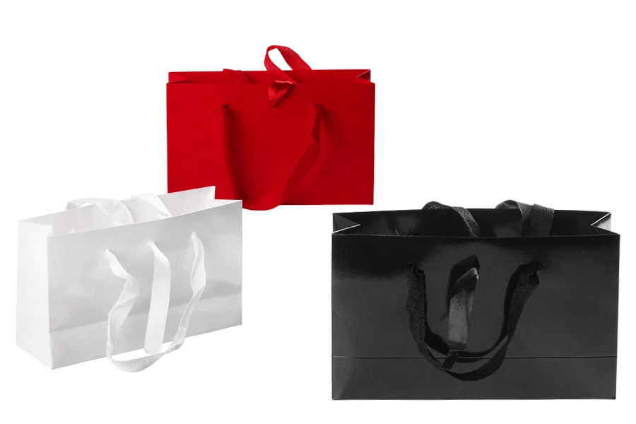 Подаръчна торбичка 250x80x150 мм с дръжка и лентичка за връзване в различни цветове - 20 бр-изображение_размери