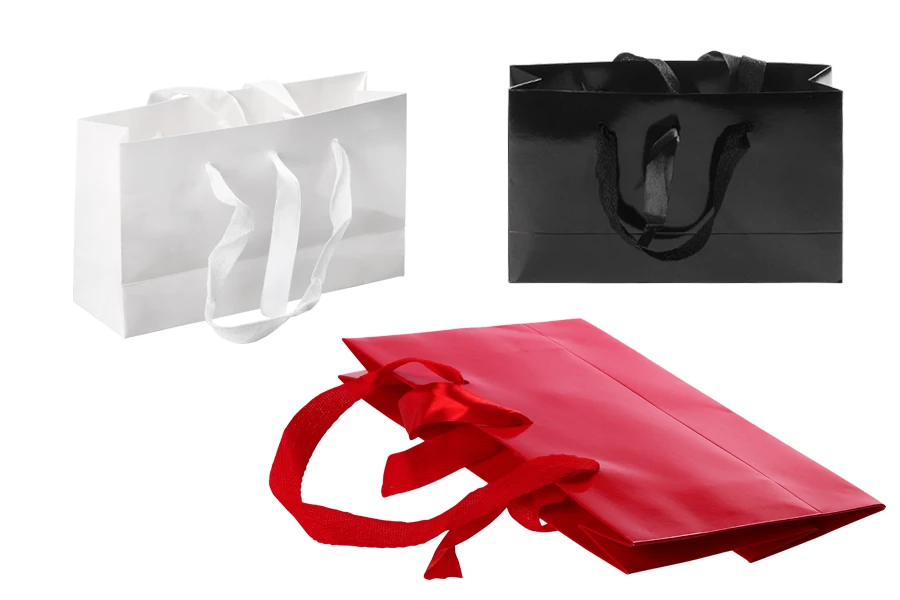 Подаръчна торбичка 250x80x150 мм с дръжка и лентичка за връзване в различни цветове - 20 бр-изображение_група