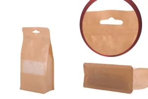 Крафт опаковка  Doy Pack с цип затваряне, прозорец и отвор на Eurohole, вътрешна и външна прозрачна облицовка и възможност за запечатване с топлоизолация 100x60x200 mm - 50 бр.-3