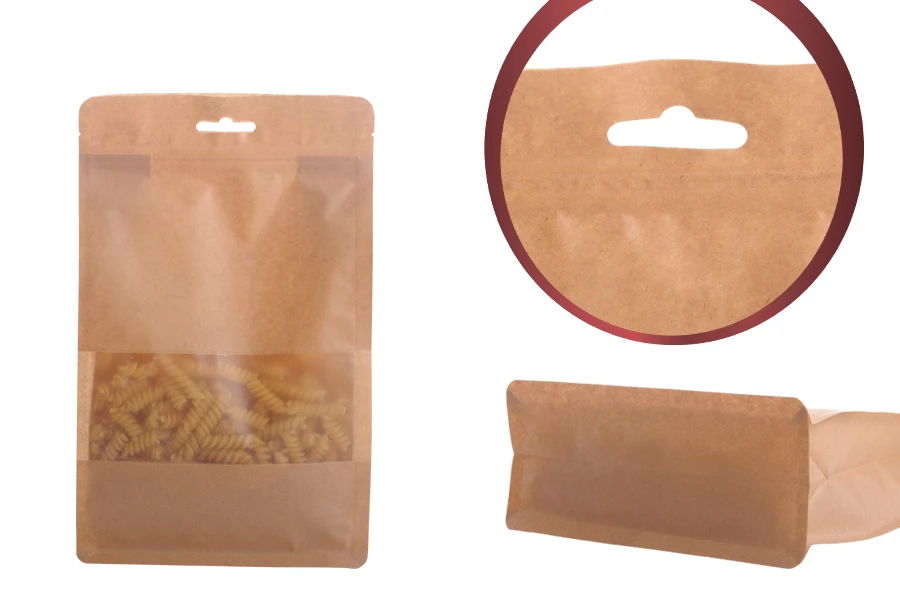 Торбичка тип DOYPACK с цип затваряне, прозорец и дупка Eurohole, вътрешна и външна прозрачна облицовка и въз,ожност за термо запечатване, размери 160x80x260 mm - 50 бр. Торбичка тип DOYPACK с цип затваряне, прозорец и дупка Eurohole, вътрешна и външна прозрачна облицовка и въз,ожност за термо запечатване, размери 160x80x260 mm - 50 бр.