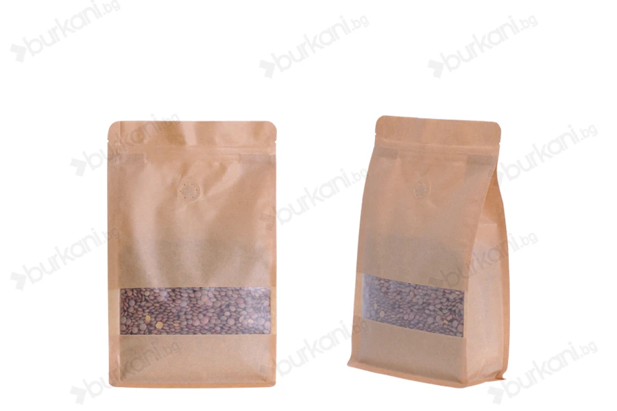 Крафт DOY PACK Опаковка с цип 140x65x240 mm, вeнтил, с прозорец и отвор Eurohole, с размери с възможност за термо запечатване-изображение_продукт