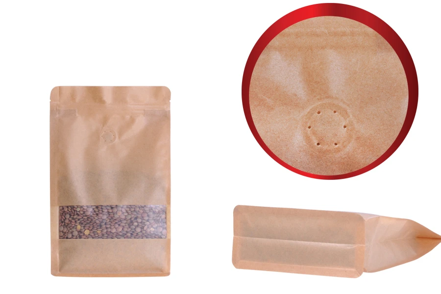Крафт DOY PACK Опаковка с цип 140x65x240 mm, вeнтил, с прозорец и отвор Eurohole, с размери с възможност за термо запечатване