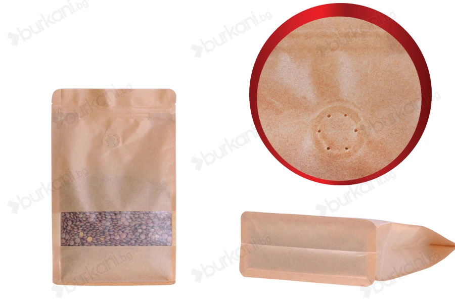 Крафт DOY PACK Опаковка с цип 140x65x240 mm, вeнтил, с прозорец и отвор Eurohole, с размери с възможност за термо запечатване-изображение_размери