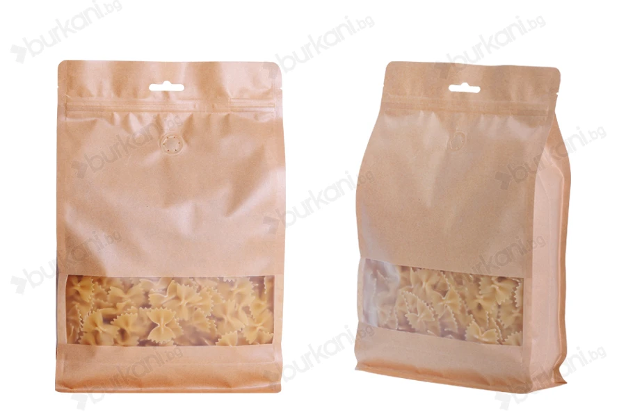 Крафт DOY PACK Опаковка цип, вентил, прозорец и отвор Eurohole  с размери 160x80x260 mm с възможност за термо запечатване-изображение_продукт