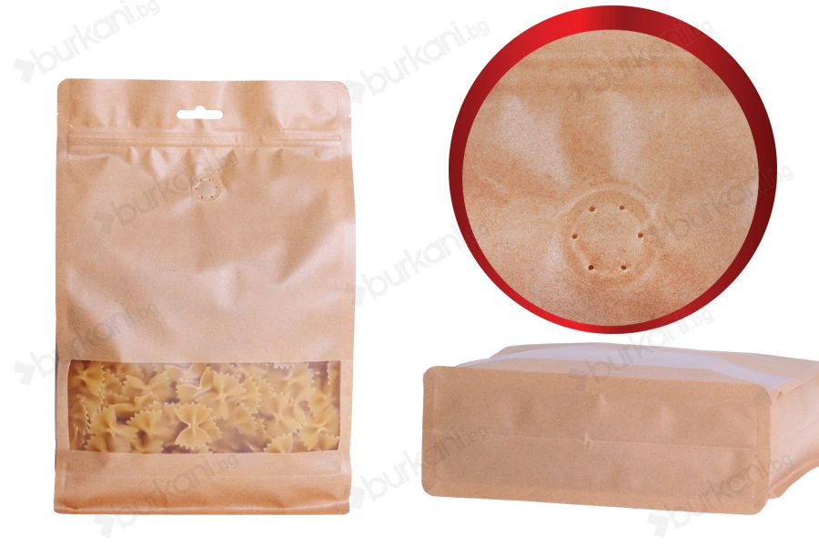 Крафт DOY PACK Опаковка цип, вентил, прозорец и отвор Eurohole  с размери 160x80x260 mm с възможност за термо запечатване-изображение_размери