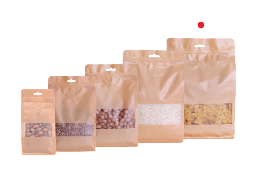 Крафт DOY PACK Опаковка цип, вентил, прозорец и отвор Eurohole  с размери 160x80x260 mm с възможност за термо запечатване-изображение_група