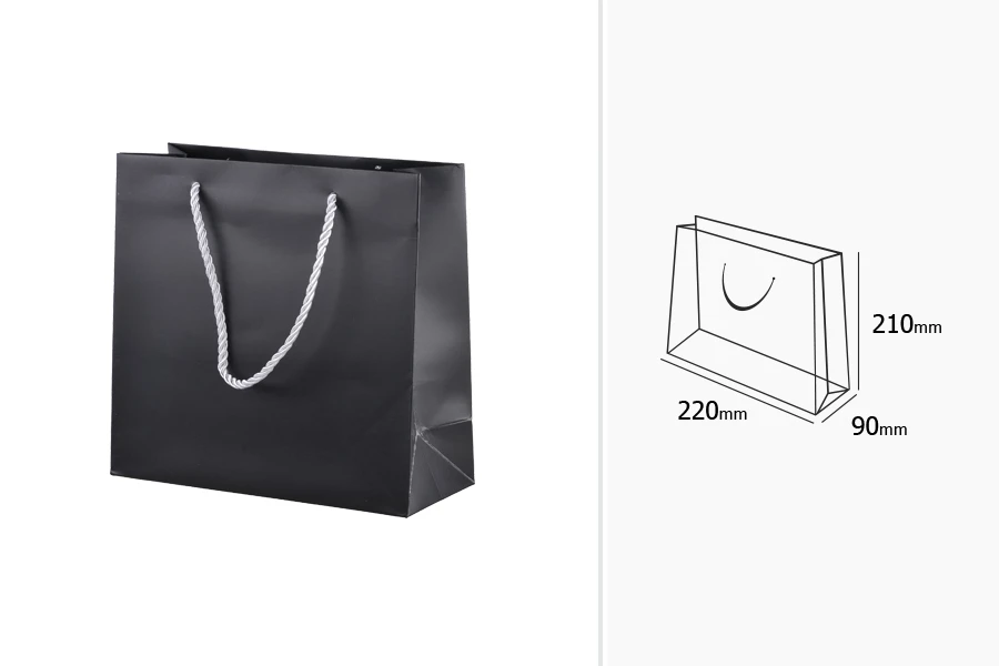Черна пластмасова подаръчна чанта със сребристи дръжки с размери  220x90x210-изображение_размери