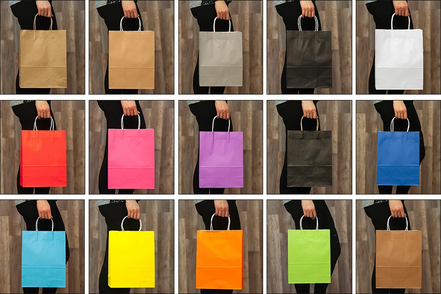 Хартиена подаръчна чанта 260x120x330 mm с дръжки в различни цветове Хартиена подаръчна чанта 260x120x330 mm с дръжки в различни цветове-изображение_продукт