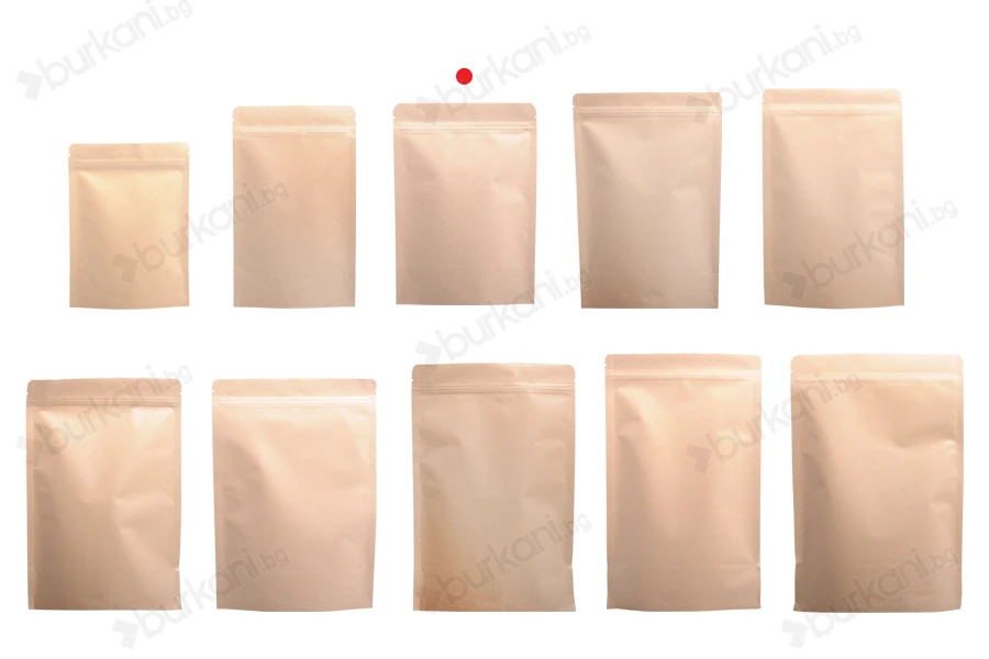 Опаковка карфт тип "DOY PACK", с вътрешна алуминиева облицовка, с размери  130x40x185 mm-изображение_група