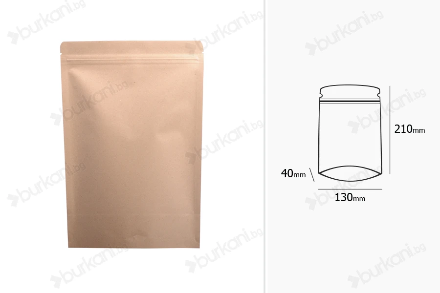 Опаковка тип "DOY PACK" , с вътрешна алуминиева облицовка, с размери 130x40x210 mm - 50 броя-изображение_размери