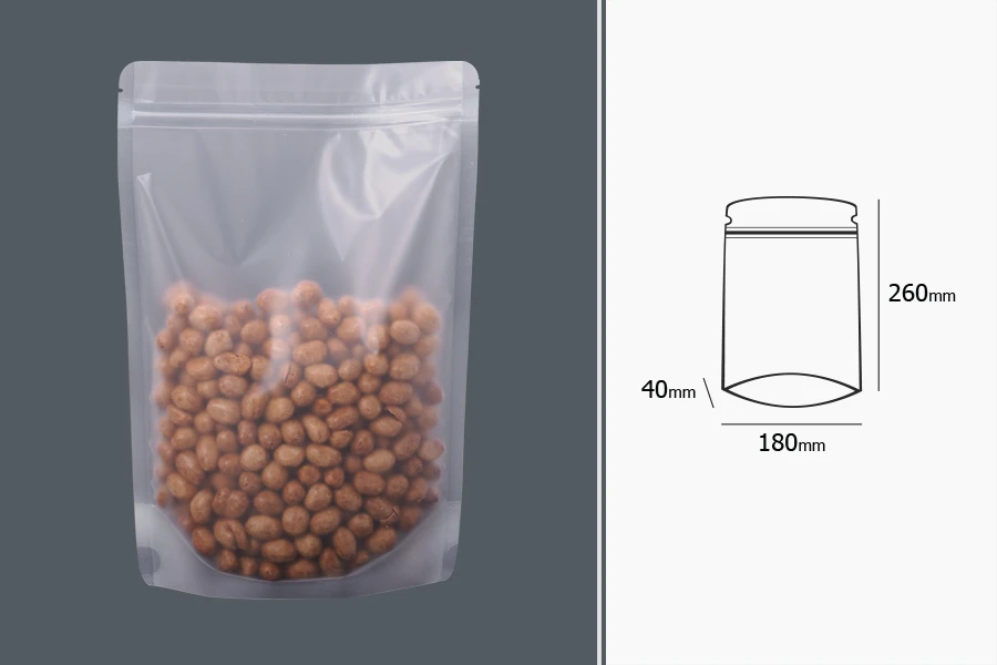 Прозрзчна опаковка тип Doy Pack с "цип" затварябвене възможност за термозапечатване  180x40x260 mm - 50 бр-изображение_размери