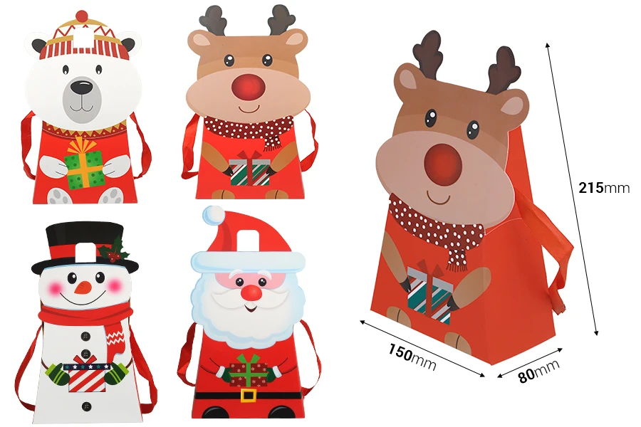 Коледна хартиена подаръчна торбичка 150x80x215 мм с панделка  - 12 бр.-изображение_размери