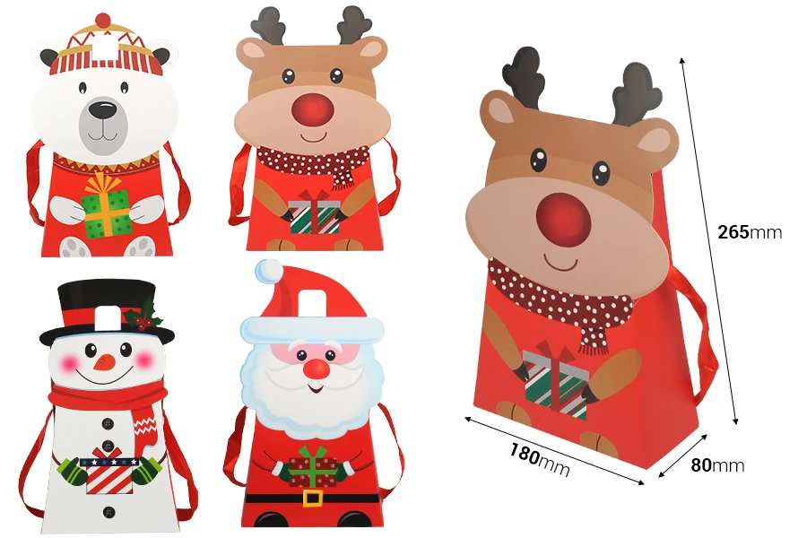 Коледна хартиена подаръчна торбичка 180x80x265 мм с панделка за дръжка - 12 бр.-изображение_размери