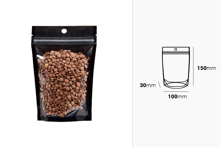 Торбички тип Doy Pack 100x30x150 мм алуминиеви,  с черна задна страна, прозрачна предна част с цип и възможност за термозапечатване - 100 бр.-изображение_размери