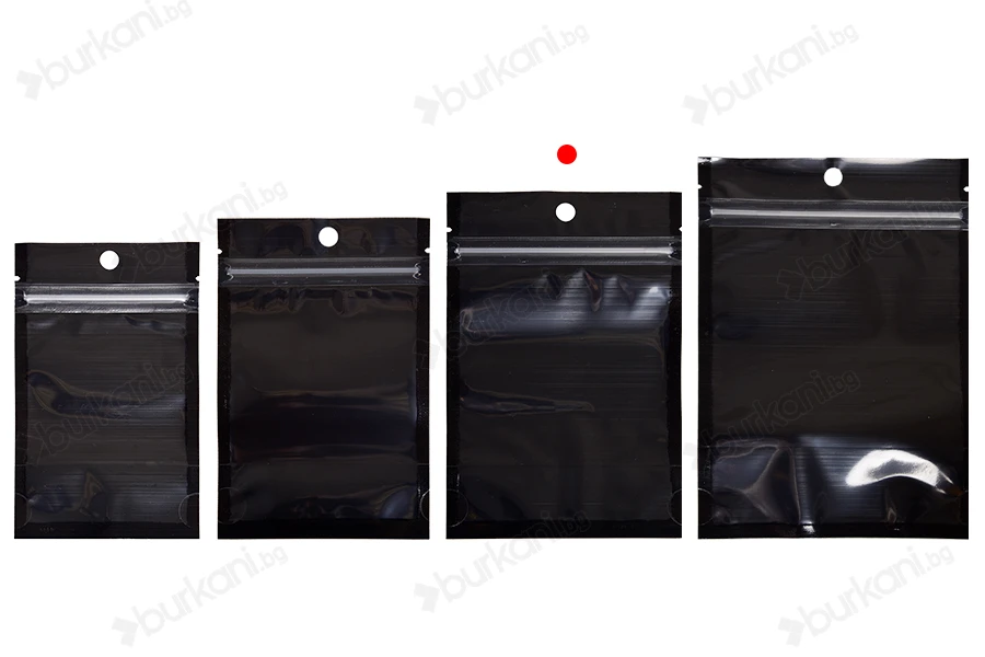 Торбички тип Doy Pack 100x30x150 мм алуминиеви,  с черна задна страна, прозрачна предна част с цип и възможност за термозапечатване - 100 бр.-изображение_група