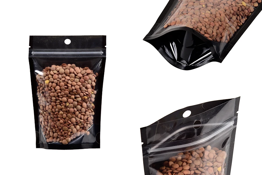 Торбички тип Doy Pack 100x30x150 мм алуминиеви,  с черна задна страна, прозрачна предна част с цип и възможност за термозапечатване - 100 бр.-изображение_продукт