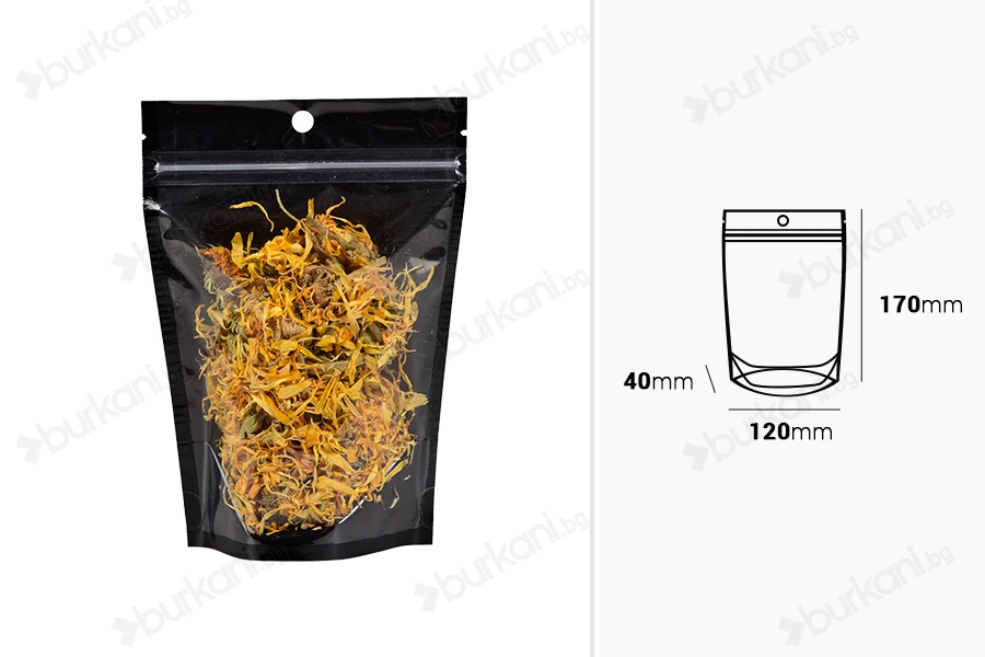 Торбички тип  Doy Pack 120x40x170 mm алуминиеви с черна задна страна, прозрачна предна част с "цип" затваряне и термозаваряване - 100 бр.-изображение_размери