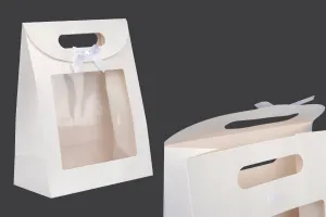 Подаръчна хартиена торбичка 220х120х290 мм в бял цвят със самозалепващо се затваряне, прозорец и панделка - 12 бр.-1