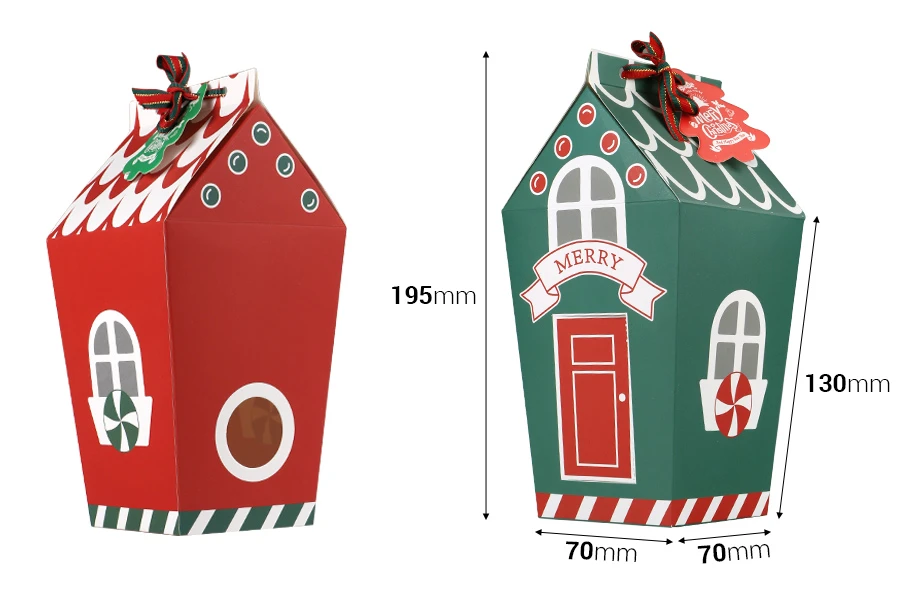 Хартиена коледна подаръчна кутия 70х70х195 мм във формата на къщичка с панделка и етикет - 10 бр.-изображение_размери
