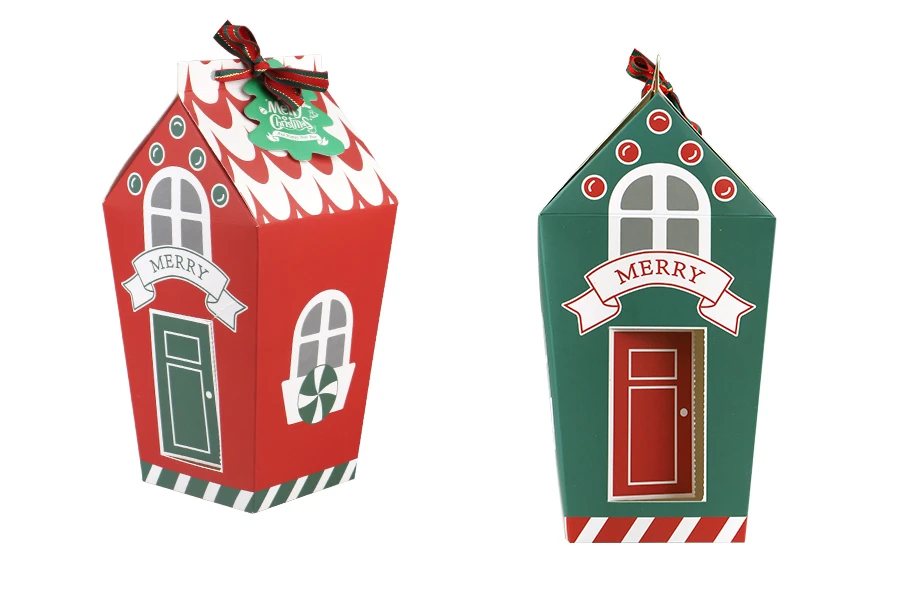 Хартиена коледна подаръчна кутия 70х70х195 мм във формата на къщичка с панделка и етикет - 10 бр.-изображение_продукт
