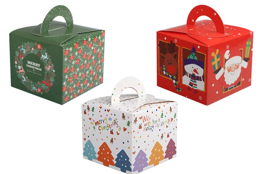 Коледна хартиена подаръчна кутия 95x95x80 mm  във формата  на куб с дръжка - 10 бр.-изображение_продукт
