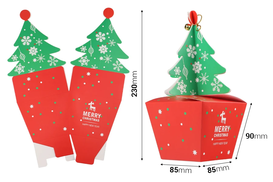 Хартиена коледна подаръчна кутия 85х85х230 мм  елха и камбанка - 10 бр Хартиена коледна подаръчна кутия 85х85х230 мм  елха и камбанка - 10 бр