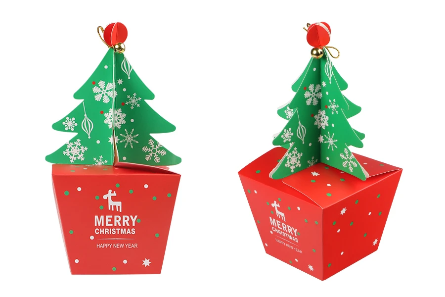 Хартиена коледна подаръчна кутия 85х85х230 мм  елха и камбанка - 10 бр Хартиена коледна подаръчна кутия 85х85х230 мм  елха и камбанка - 10 бр