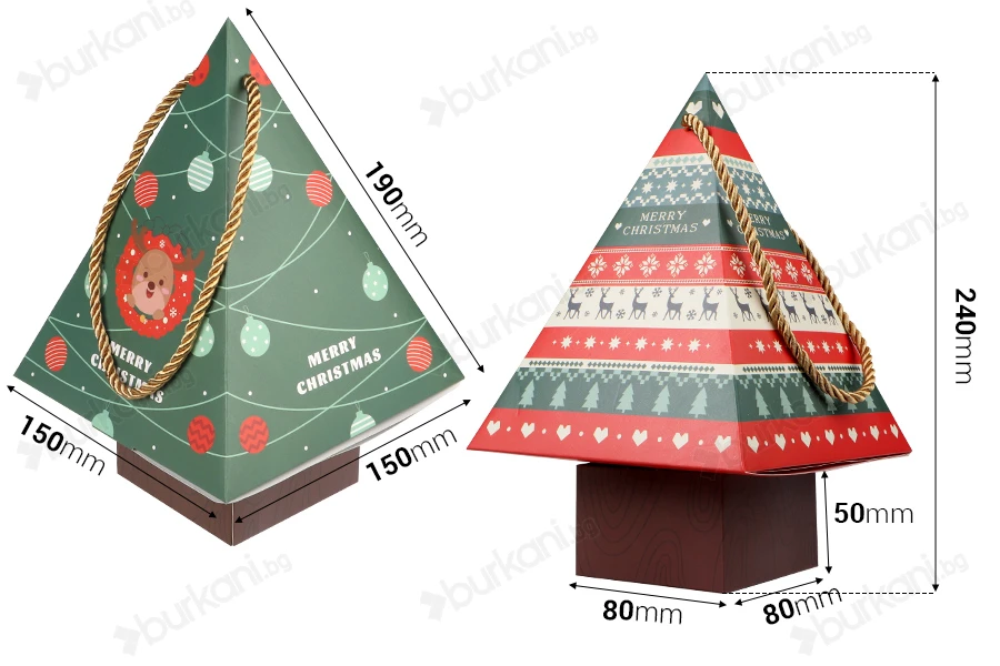 Хартиена подаръчна кутия във формата на елха 150x150x240 mm с шнур - 10 бр.-изображение_размери
