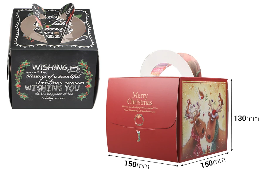 Коледна хартиена подаръчна кутия 150х150х130 мм с прозорец и дръжка - 10 бр.-изображение_размери