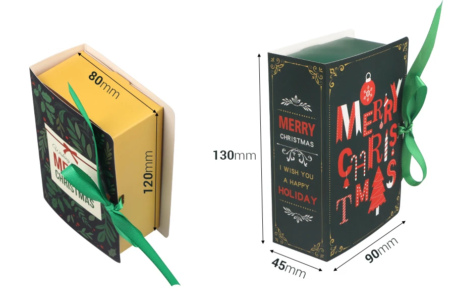 Коледна хартиена подаръчна кутия 90x130x45 мм във формата на книга с панделка - 10 бр.-изображение_размери