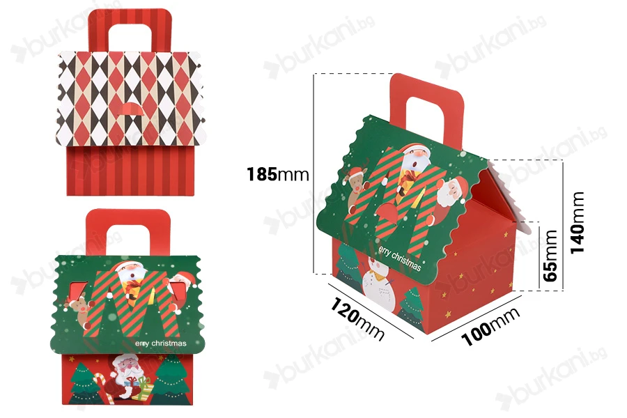 Коледна кутийка за подарък с 120x100x140 mm, с дръжка -  25 бр./пакет-изображение_размери