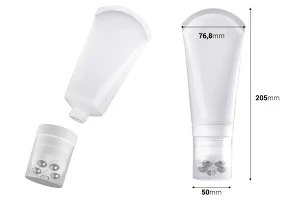 Бяла пластмасова тубичка 150 ml с метални ролкови топчета и прозрачна капачка-2