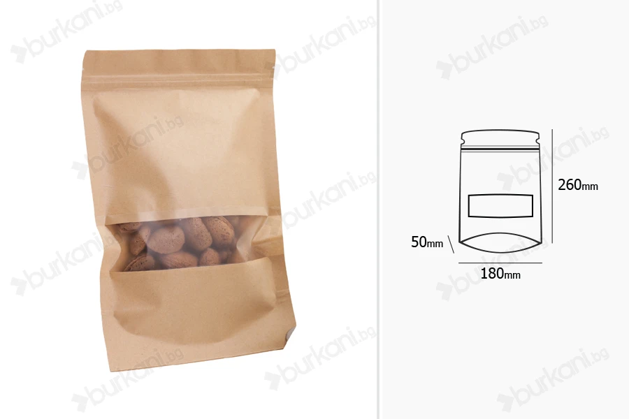 Крафт опаковка тип Doy Pack  180x50x260 mm, с цип  "zip" με и прозорец, размери  - 100 броя-изображение_група