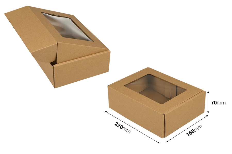 Хартиена крафт кутия с размери 220x160x70 mm с прозорец - 20 бр. Хартиена крафт кутия с размери 220x160x70 mm с прозорец - 20 бр.-изображение_размери