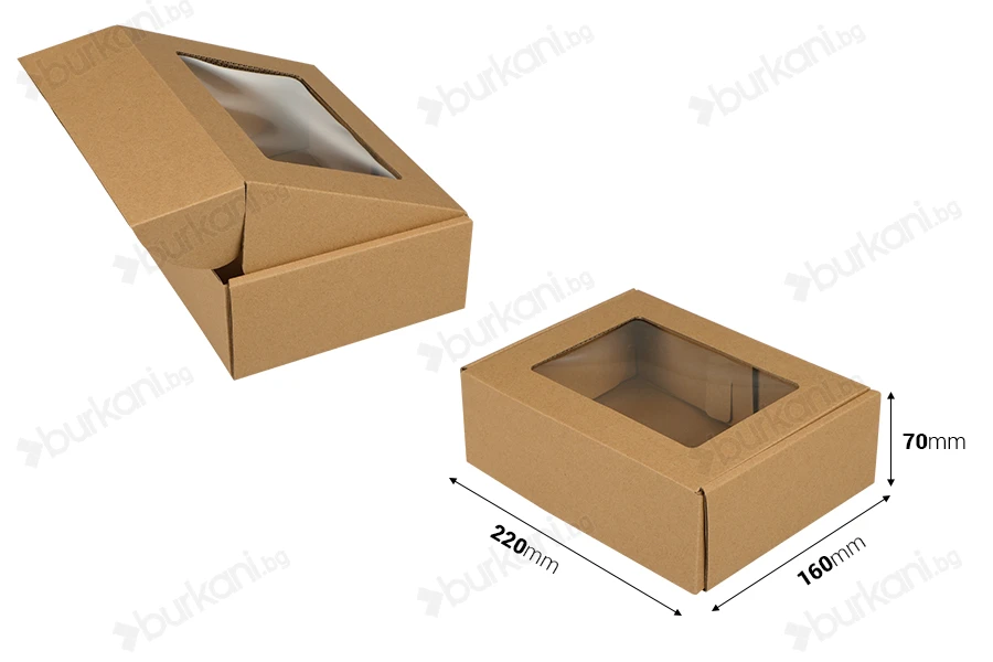 Хартиена крафт кутия с размери  220x160x70 mm  с прозорец  - 20 бр.-изображение_размери