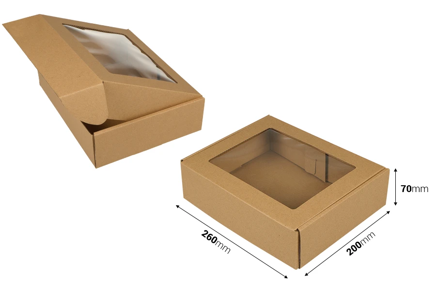 Хартиена крафт кутия с размери 260x200x70 mm с прозорец - 20 бр. Хартиена крафт кутия с размери 260x200x70 mm с прозорец - 20 бр.-изображение_размери