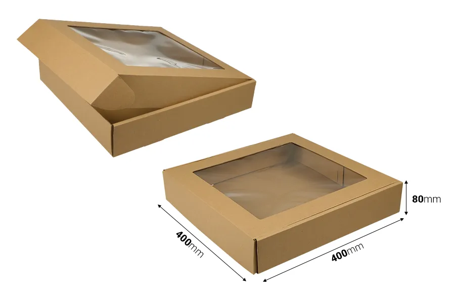 Хартиена крафт кутия с размери 400x400x80 mm с прозорец - 20 бр. Хартиена крафт кутия с размери 400x400x80 mm с прозорец - 20 бр.-изображение_размери
