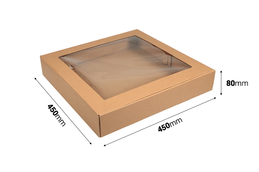Хартиена опаковъчна крафт кутия с прозорец с размери 450x450x80 mm - 20 бр./пакет Хартиена опаковъчна крафт кутия с прозорец с размери 450x450x80 mm - 20 бр./пакет