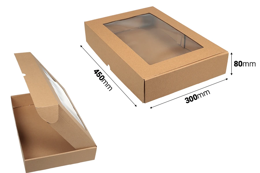 Крафт опаковъчна кутия с размери 450x300x80 mm с прозорец - 20 бр. Крафт опаковъчна кутия с размери 450x300x80 mm с прозорец - 20 бр.-изображение_размери