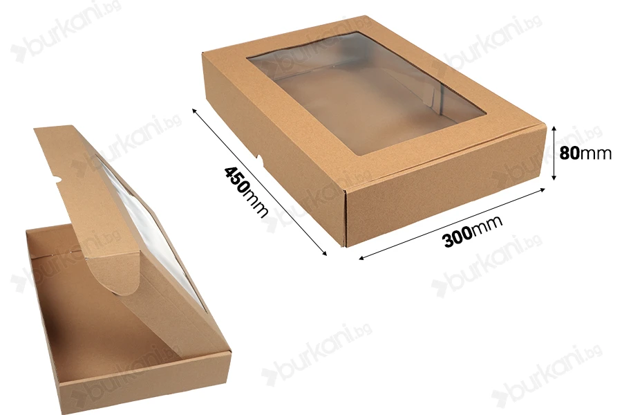 Крафт опаковъчна кутия с размери  450x300x80 mm с прозорец - 20 бр.-изображение_размери