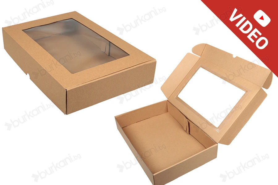 Крафт опаковъчна кутия с размери  450x300x80 mm с прозорец - 20 бр.-изображение_продукт