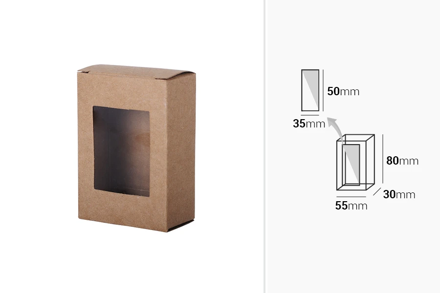Хартиена крафт кутия за запун с прозорец, с размери 80x55x30 mm Хартиена крафт кутия за запун с прозорец, с размери 80x55x30 mm-изображение_размери