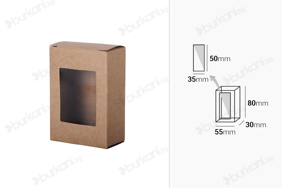 Хартиена крафт кутия за запун с прозорец, с размери  80x55x30 mm-изображение_размери