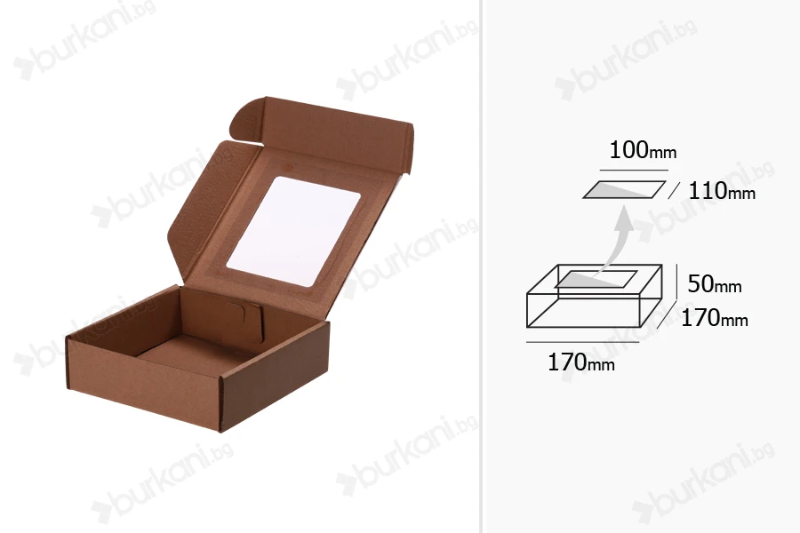 Крафт  опаковъчна кутия с прозорец 170x170x50 mm - 20 бр-изображение_група