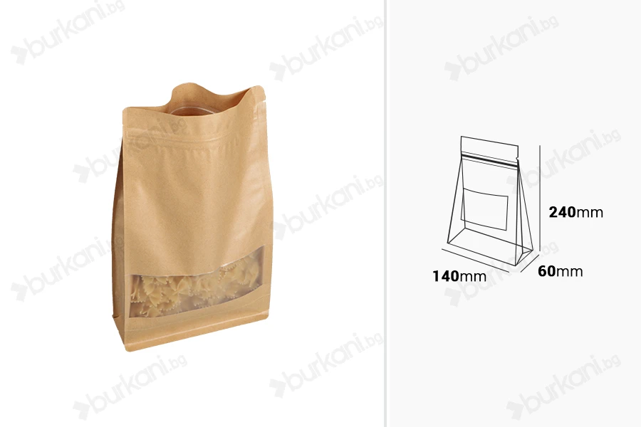 Торбички тип Doy Pack 140x60x240 mm от крафт хартия, с "цип" затваряне, прозорец, вътрешна и външна прозрачна облицовка  - 50 бр-изображение_размери
