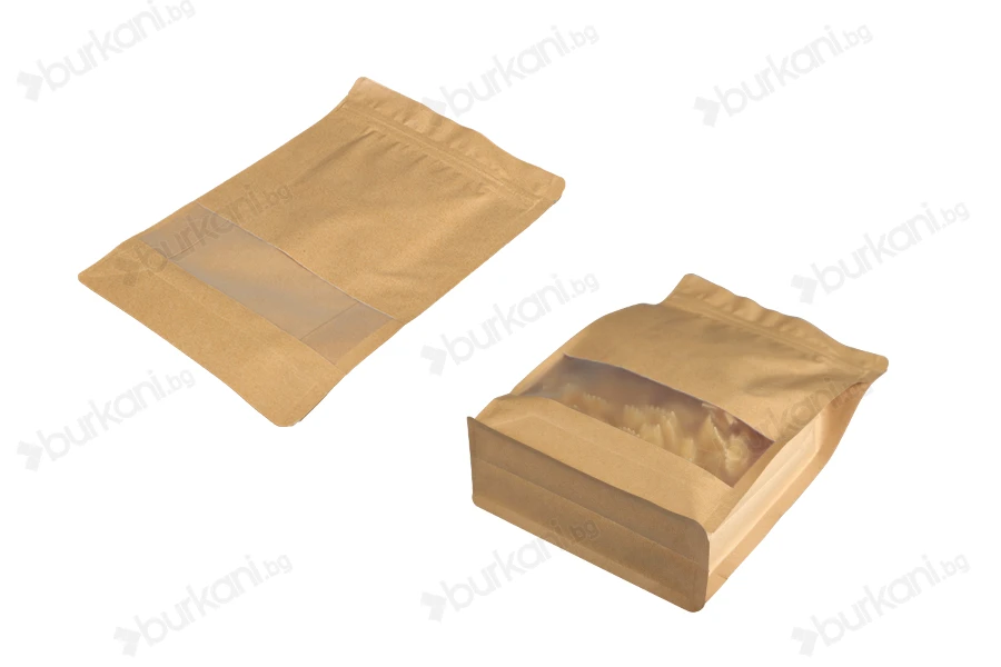 Торбички тип Doy Pack 140x60x240 mm от крафт хартия, с "цип" затваряне, прозорец, вътрешна и външна прозрачна облицовка  - 50 бр-изображение_група